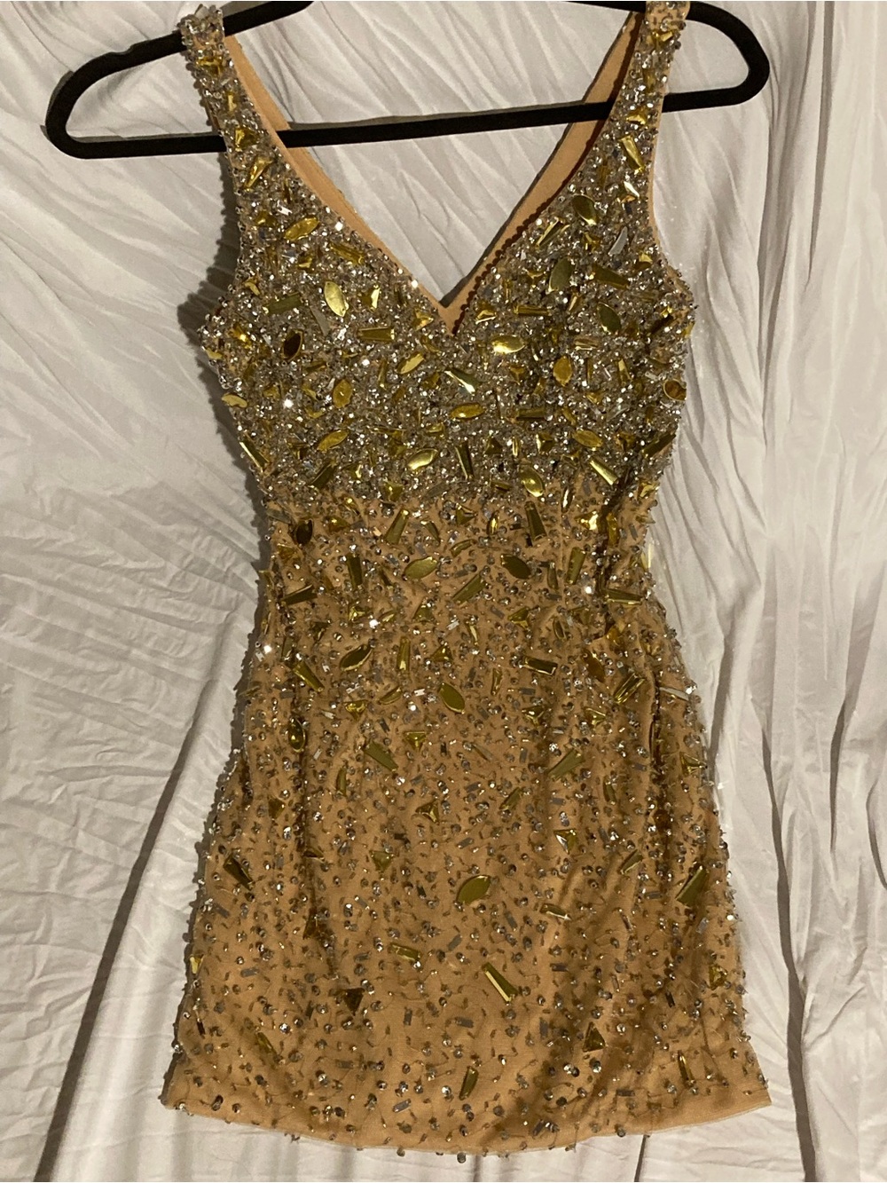 Terani Couture Gold Beaded V-Neck Mini Dress